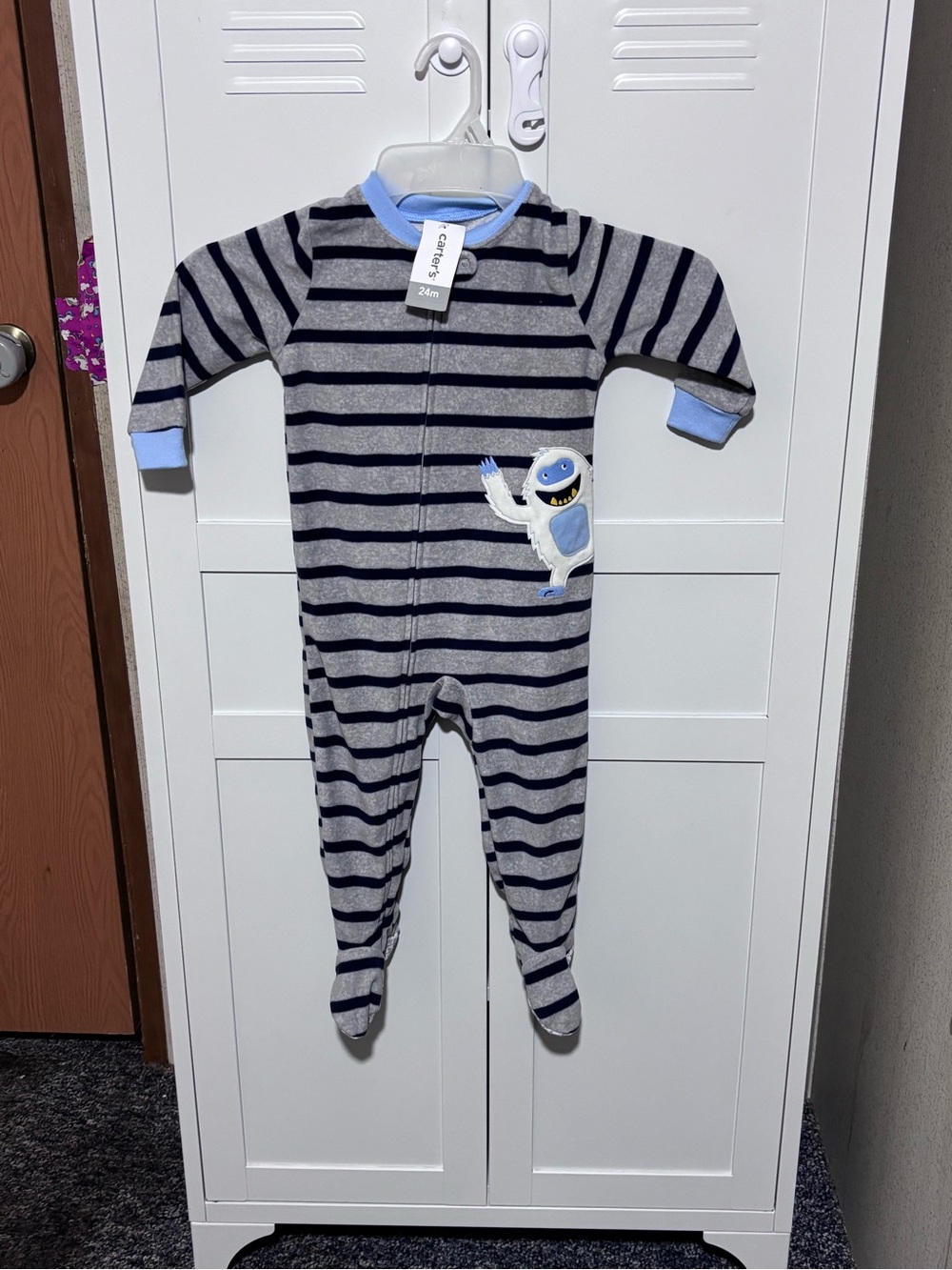 Carter’s Boys' Navy & Gray Striped One-Piece Footed Pajamas with Yeti Patch